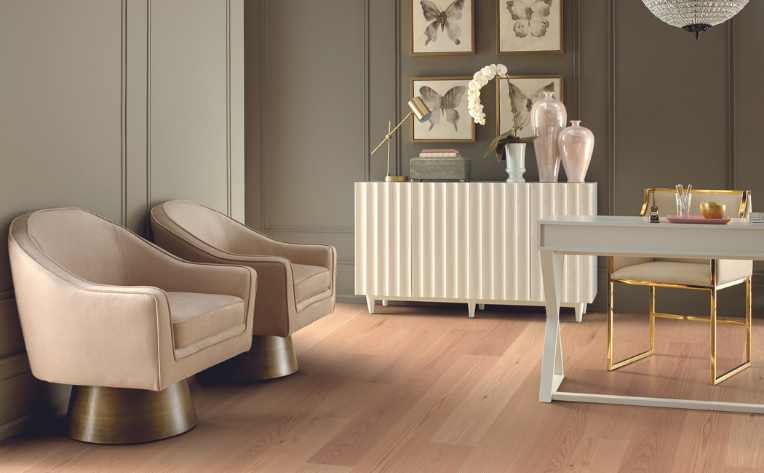 light white oak flooring in luxe white home office with gold accents